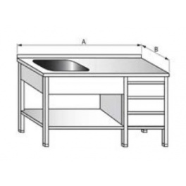 Umývací stôl jednodrezový s pracovnou plochou, rozmery (šxhxv) 1400 x 700 x 900 mm, policou a zásuvkovým boxom