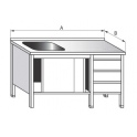 Umývací stôl jednodrezový s pracovnou plochou skriňový, rozmery (šxhxv) 1600 x 600 x 900 mm, so zásuvkovým boxom a posuvnými dverami