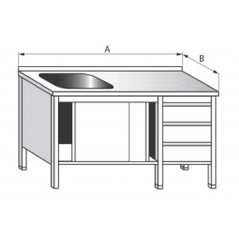 Umývací stôl jednodrezový s pracovnou plochou skriňový, rozmery (šxhxv) 1400 x 700 x 900 mm, so zásuvkovým boxom a posuvnými dverami