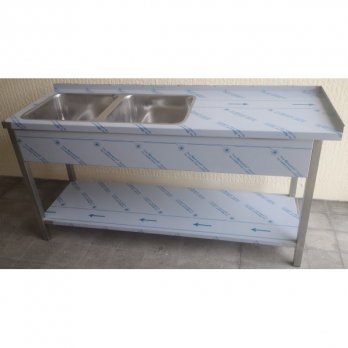 Stôl umývací nerezový dvojdrezový s plochou a policou, rozmer: 1600 x 700 x 900 mm, rozmer drezu: 400 x 400 x 250 mm