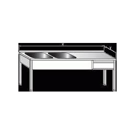 Stôl umývací nerezový dvojdrezový s plochou a zásuvkou, rozmer (šxhxv): 1800 x 700 x 900 mm (džez 400 x 400 x 250 mm)