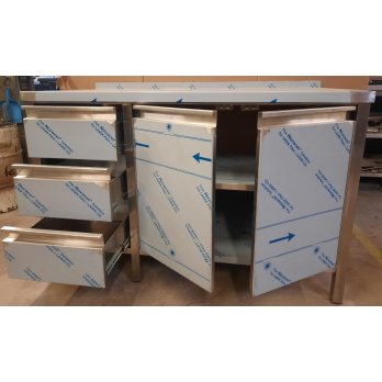 Pracovný nerezový stôl oplechovaný so šuplíkovým boxom, dvierkami a policami, rozmer (šxhxv): 1300 x 700 x 900 mm
